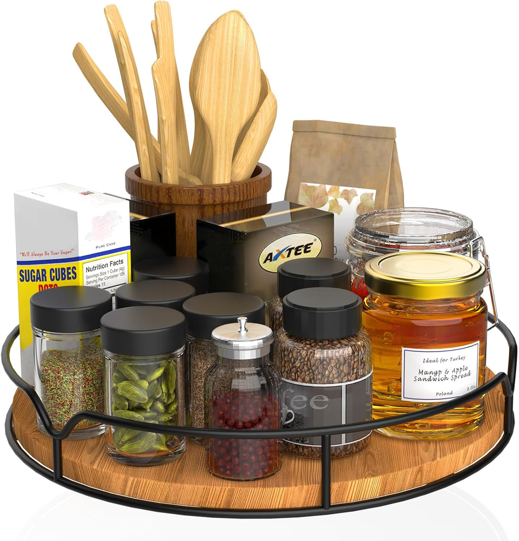 Lazy susan turntable organizer for cabinet pantry kitchen countertop refrigerator cupboard, pine wood, 9", carbonized black