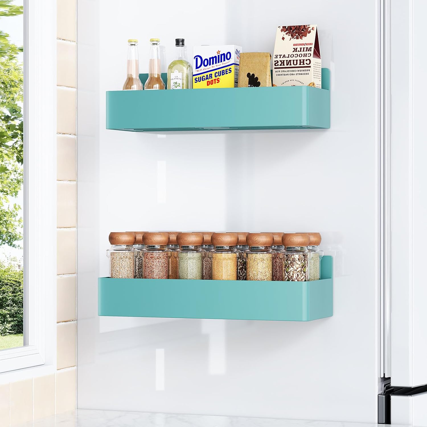Magnetic spice rack for refrigerator, kitchen organizer and storage shelf, blue (2 pack)