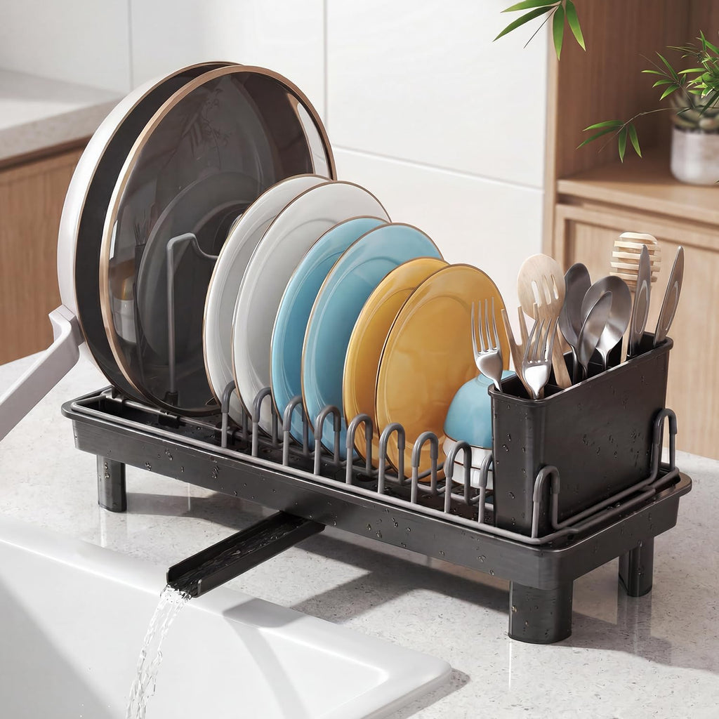 Small Dish Drying Rack with Drainboard, Compact for Kitchen Counter, Black | Rustproof carbon steel with rotating spout, adjustable slots, removable utensil caddy. Space-saving