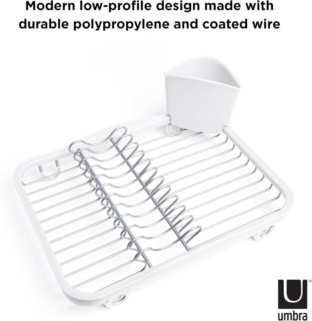 Sinkin Dish Drying Rack, in Sink or Countertop Drainer, White/Nickel | Removable utensil holder, non slip rubber feet, fits standard sizes, coated wire and plastic - view 3