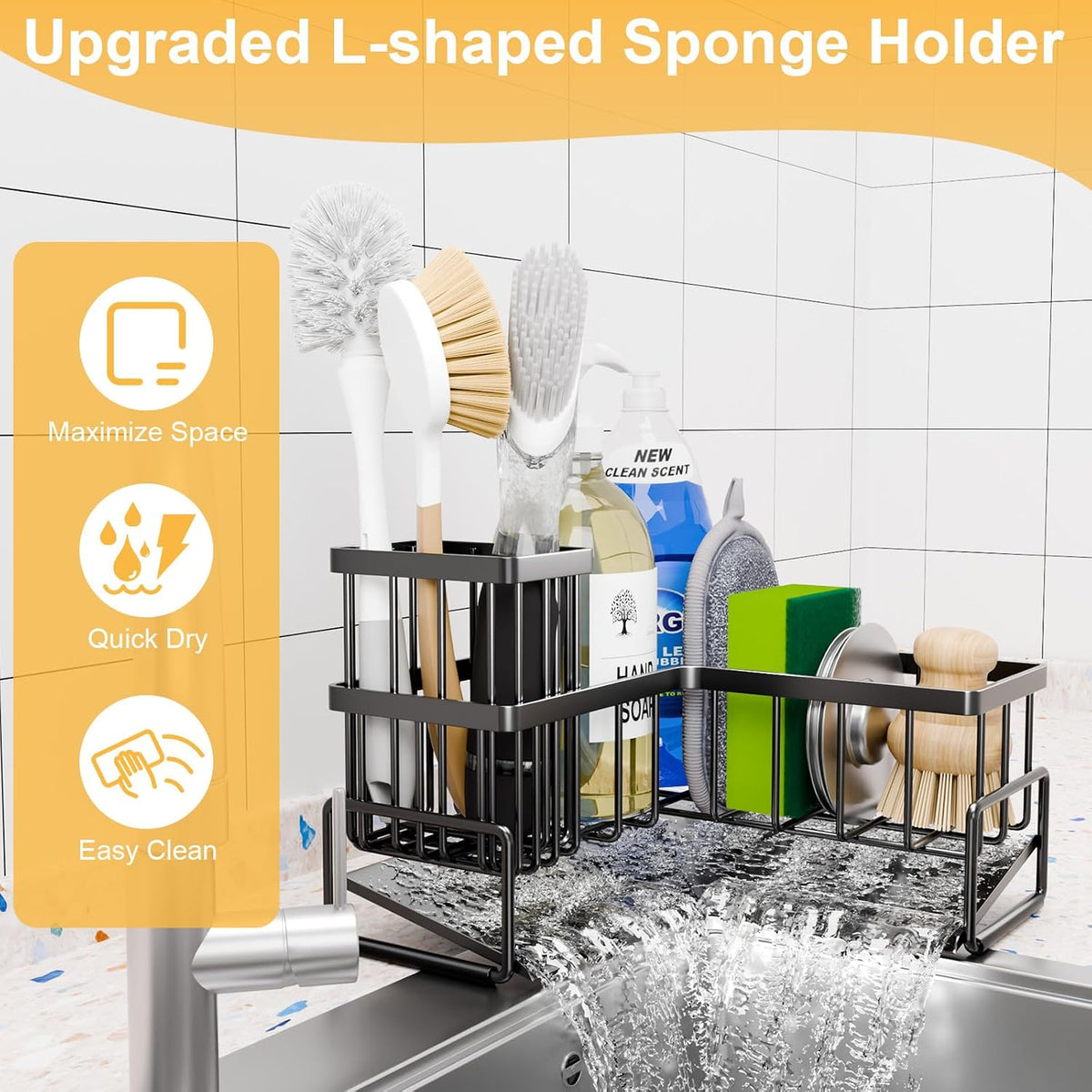 Kitchen L-Shaped Sponge Holder - Large Metal Sponge Sink Caddy | Black Metal Corner Sponge Caddy, Sloped Drain Tray for Sink, Kitchen Countertop Organizer Holds Soap Brush Sponge Non-Slip - view 7