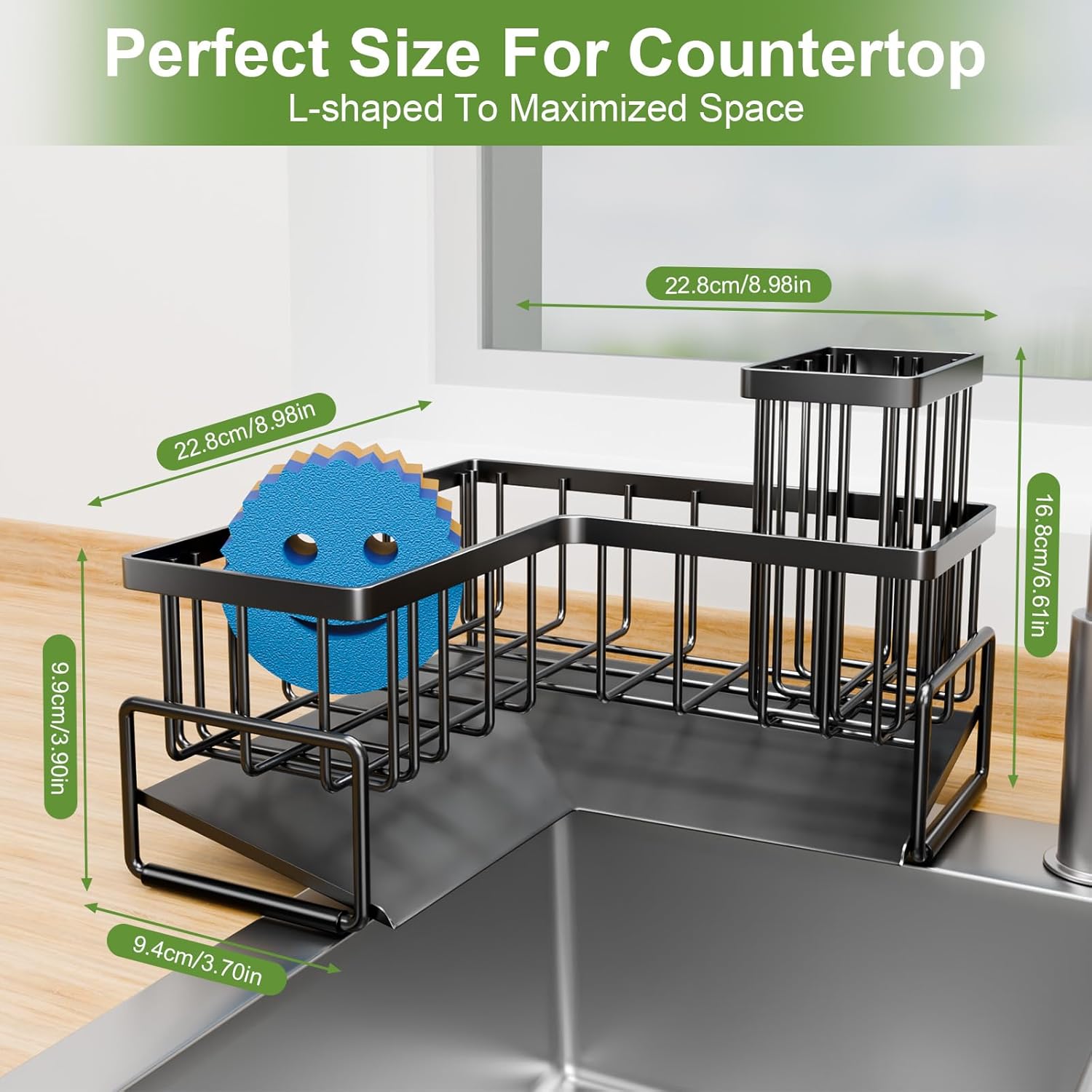 Large Sponge Holder for Kitchen Sink, 90-Degree Sink Caddy Storage | Self Draining Sponge Rack for Countertop, Metal L-Shaped Dish Soap Organizer with Brush Holder, Corner Sink Storage Ideas - view 2