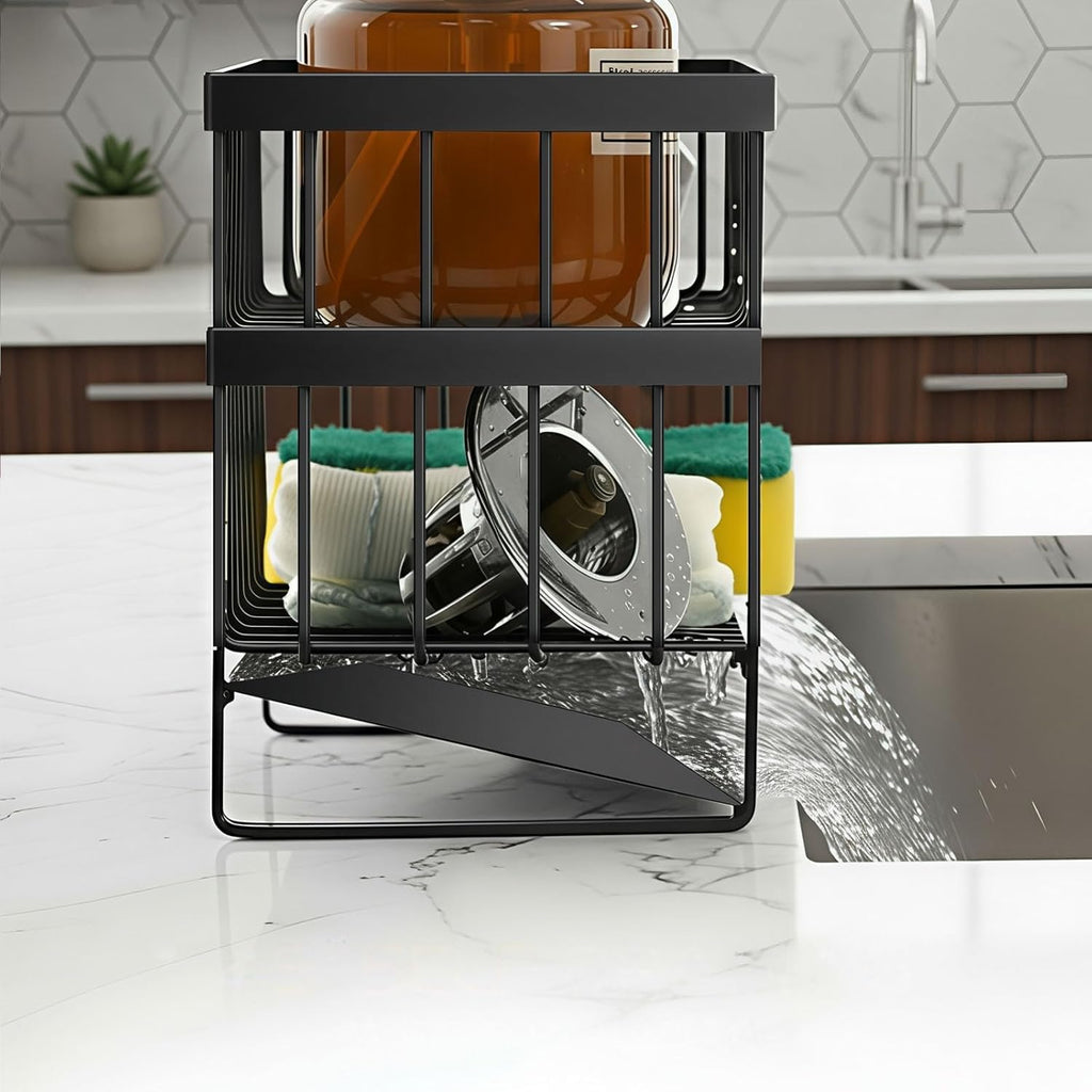 Kitchen Sink Organizer Caddy, 2 Tier Sink Caddy Organizer with High Brush Holder, Rust-Proof Countertop Rack (Black 10.6 * 4.3 * 5.7") for Kitchen Accessories & Dish Brushes - view 5