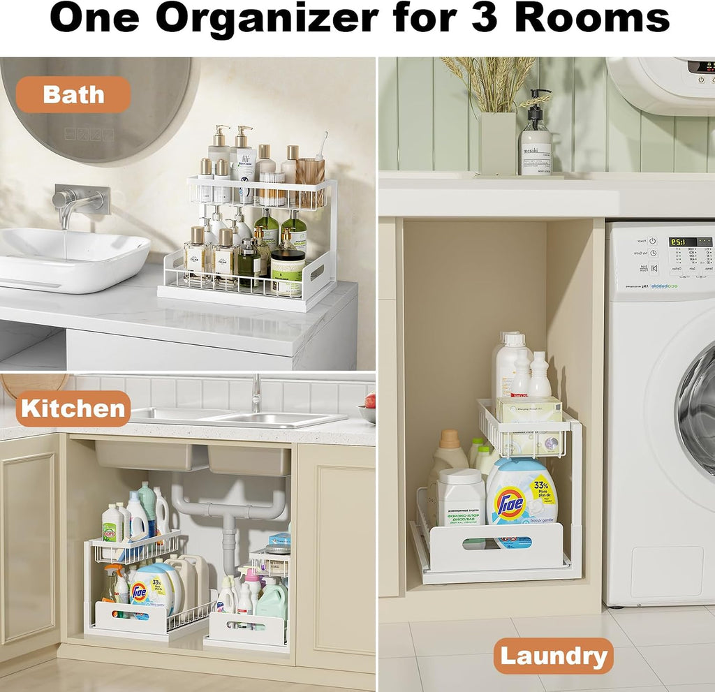 REALINN Under Sink Organizer, Pull Out Cabinet Organizer 2 Tier Slide Out Sink Shelf Cabinet Storage Shelves, Under Sink Storage for Kitchen Bathroom Cabinet, White, 1 Pack | Slide Out Sink Shelf Cabinet Storage Shelves, Under Sink Storage for Kitchen Bat - view 3