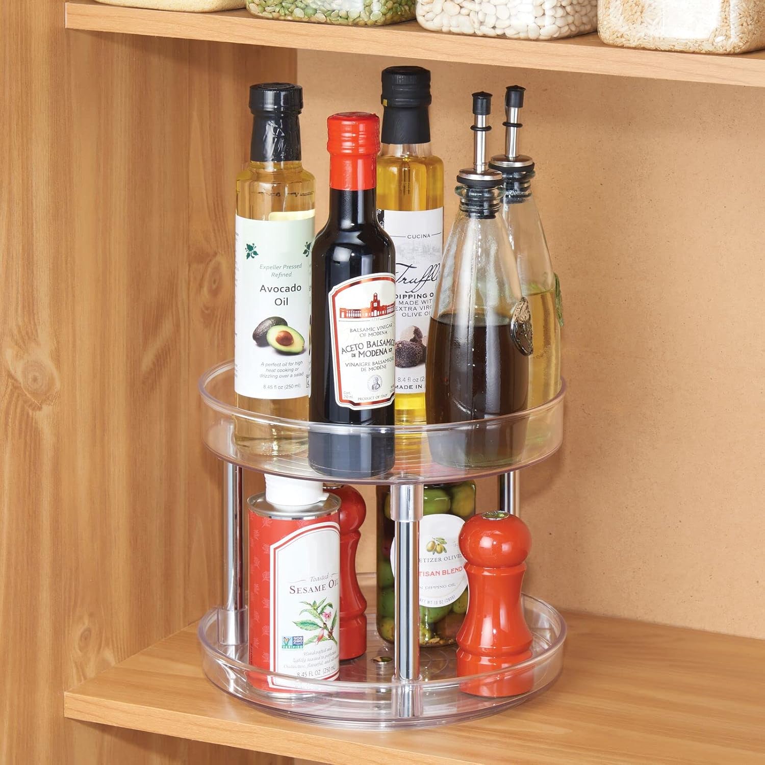 2-tier lazy susan turntable for kitchen cabinets, shelf, table, countertop, 9" multi level rotating organizer carousel, storage turntable organizer, 2 pack, clear/chrome - view 8