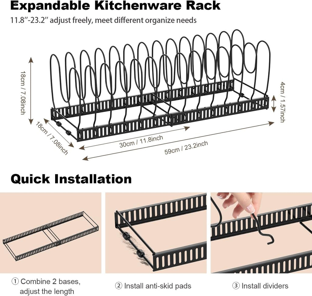Pot and Pan Lid Organizer Holder Storage Rack, Black | 12"-23" Expandable, 14 Adjustable Dividers, Sturdy Metal Construction, Easy Assembly - view 5
