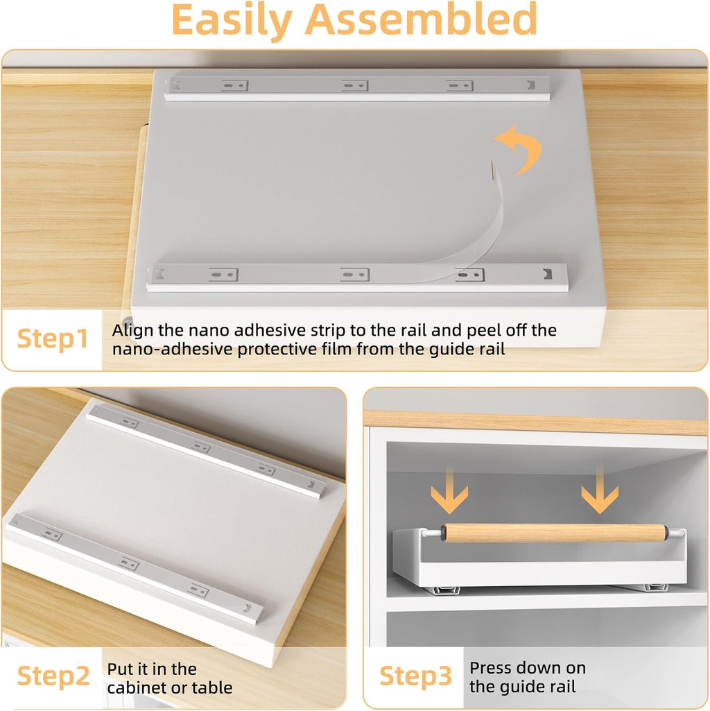 Pull Out Cabinet Organizer, 15.3'' Deep Expandable Slide Out Cabinet Organizer Fixed with Adhesive Nano Film, Slide Out Drawers Pull Out Tray for Cabinet in Kitchen, Pantry, Bathroom, White - view 8