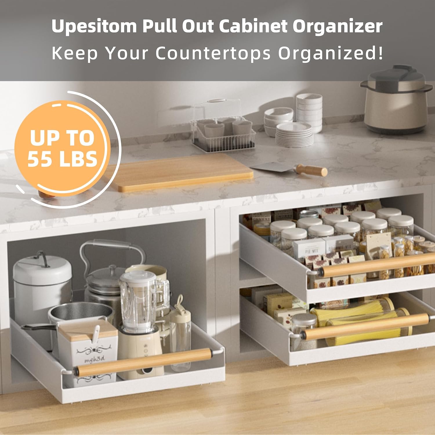 Pull Out Cabinet Organizer, 15.3'' Deep Expandable Slide Out Cabinet Organizer Fixed with Adhesive Nano Film, Slide Out Drawers Pull Out Tray for Cabinet in Kitchen, Pantry, Bathroom, White - view 4