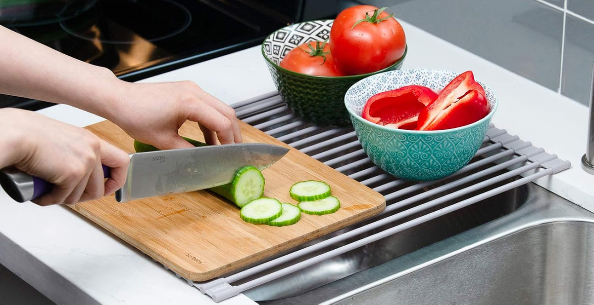 17.5 x 13.1 Inch Roll-Up Dish Drying Rack, Fits Across Sink Openings up to 16.5 Inches, Heavy-Duty Premium Silicone, Strong Support, Non-Slip, Heat-Resistant, Warm Gray - view 6
