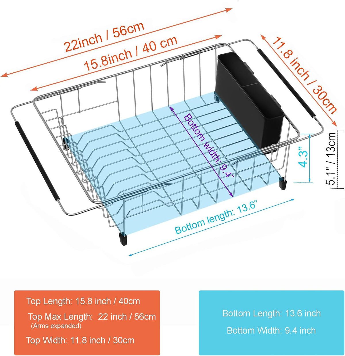 Expandable multifunctional dish drying rack, over the sink, in sink or on counter dish drainer basket shelf with black utensil silverware holder, rustproof stainless organizer - view 2