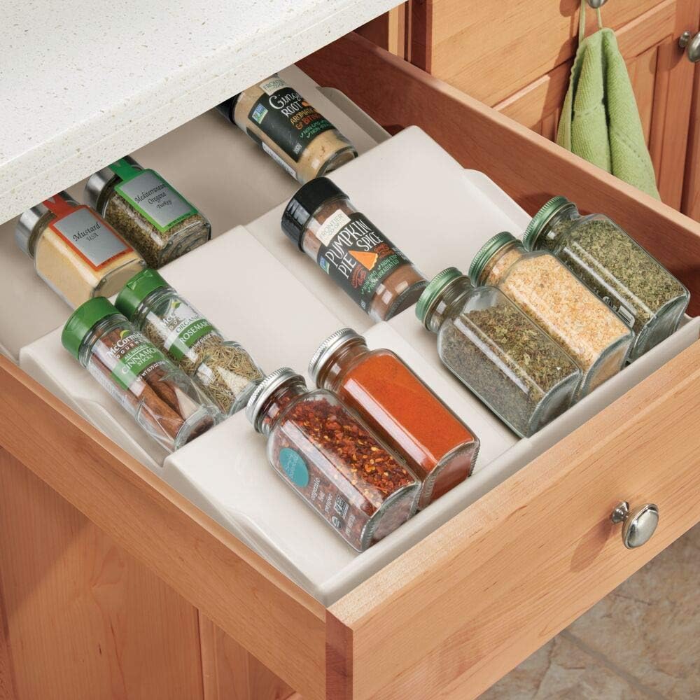 Expandable Plastic Deluxe Spice Rack, Drawer Organizer for Kitchen Cabinet Drawers, 3 Tier Slanted for Spice Jars, Food Seasoning Bottle Storage, Ligne Collection - Cream/Beige - view 2