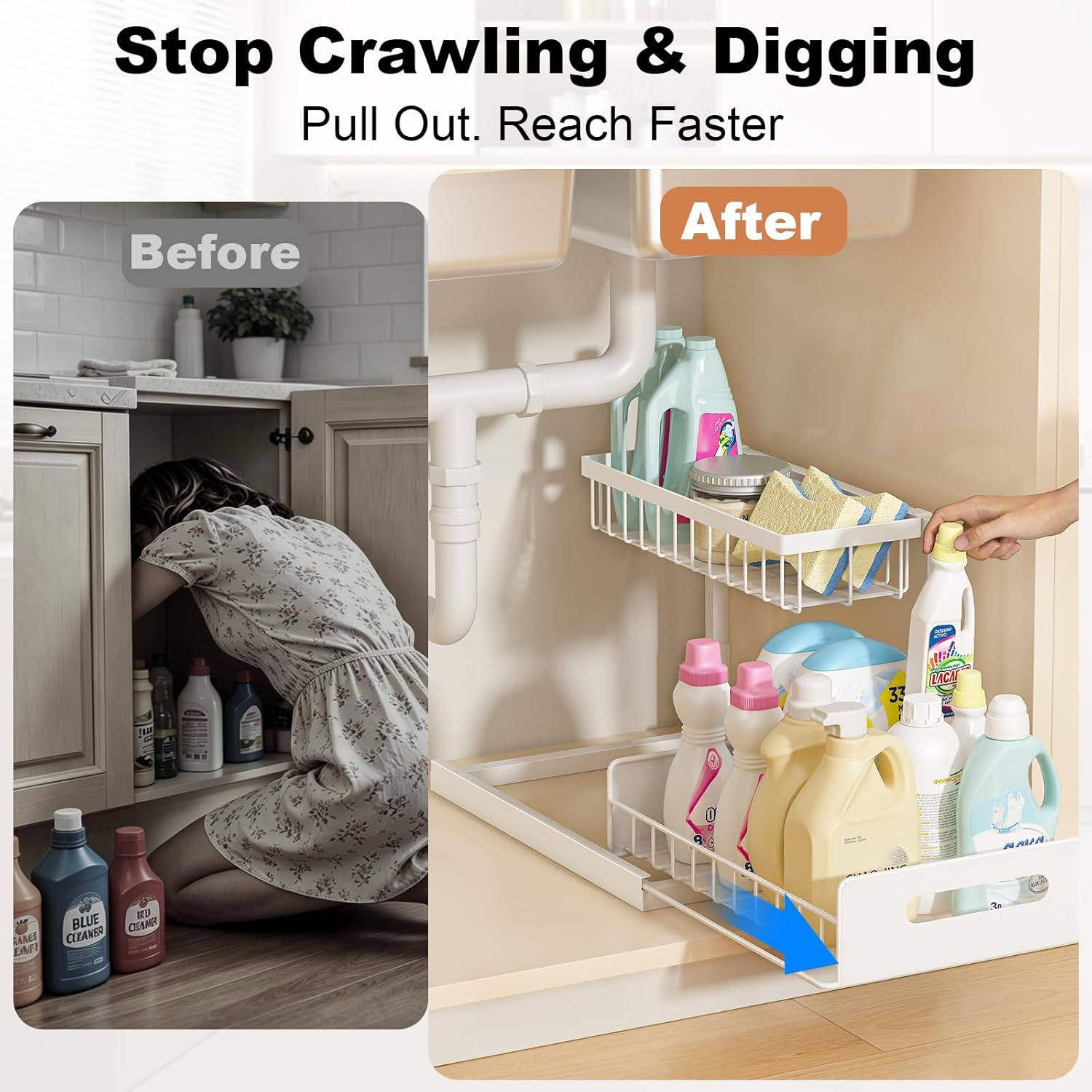 REALINN Under Sink Organizer, Pull Out Cabinet Organizer 2 Tier Slide Out Sink Shelf Cabinet Storage Shelves, Under Sink Storage for Kitchen Bathroom Cabinet, White, 1 Pack | Slide Out Sink Shelf Cabinet Storage Shelves, Under Sink Storage for Kitchen Bat - view 4