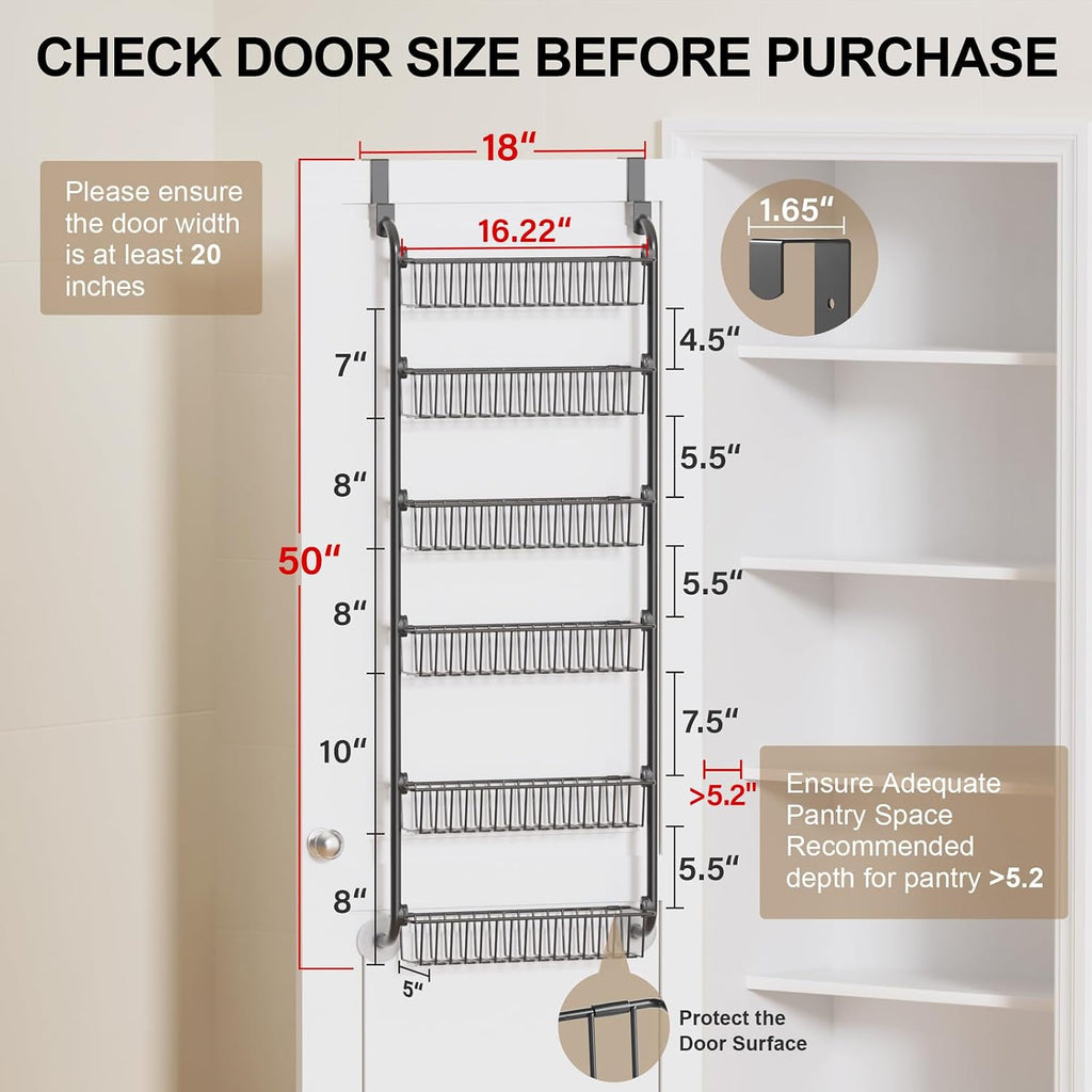 Delamu Over the Door Pantry Organizer, 6-Tier Metal Pantry Door Organization and Storage, Hanging Kitchen Basket Spice Rack Seasoning Shelves, Cabinet Door Organizer for Easy Install,D5xW18xH50inch - view 2