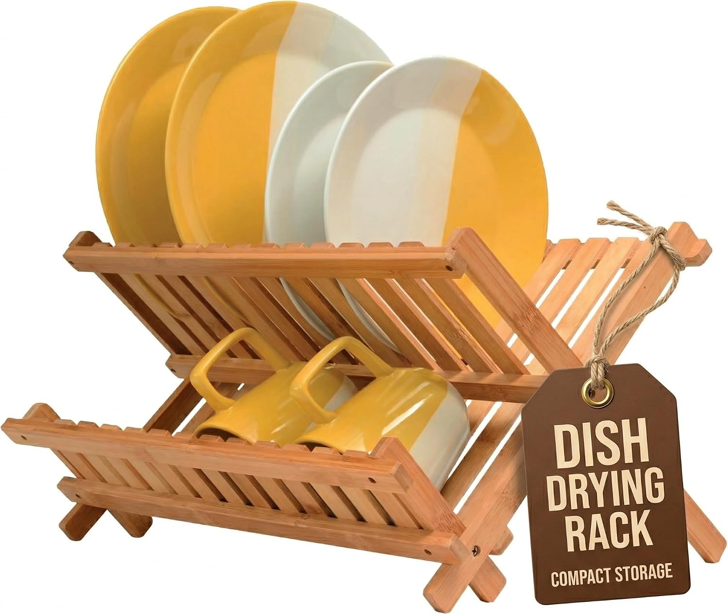 Collapsible dish drying rack 2-tier bamboo dish drainer for kitchen counter | no assembly wooden dish rack, compact dish strainer, holds plates cups bowls mugs utensils, folds flat for small kitchens, RV