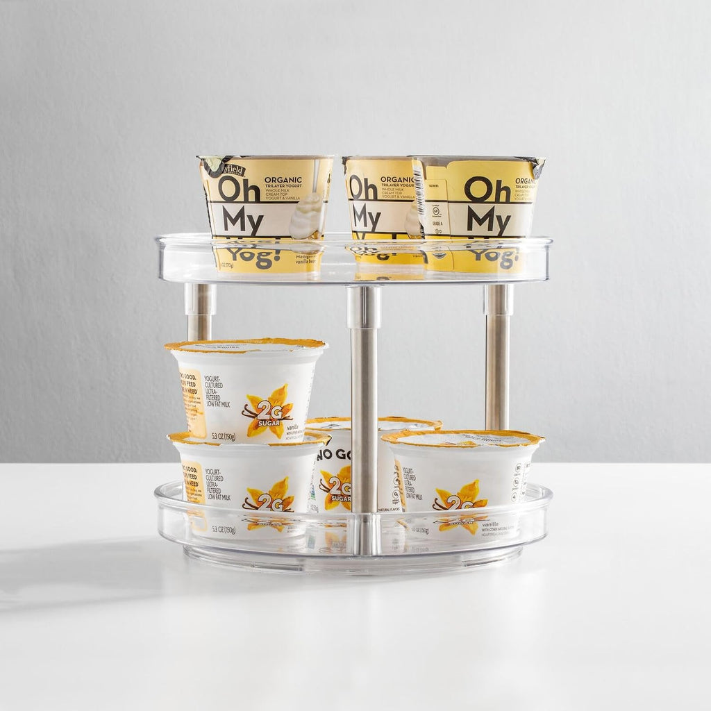 2-tier lazy susan turntable for kitchen cabinets, shelf, table, countertop, 9" multi level rotating organizer carousel, storage turntable organizer, 2 pack, clear/chrome - view 7