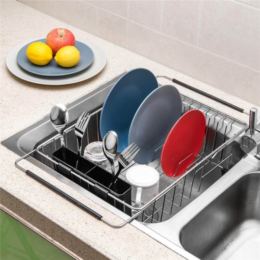 Dish Drying Rack, Large Dish Rack Adjustable Deep Dish Drainer with Removable Silverware Holder, Deep Large Dish Rack in Sink On Counter, Expandable Arms, Stainless Steel - view 3