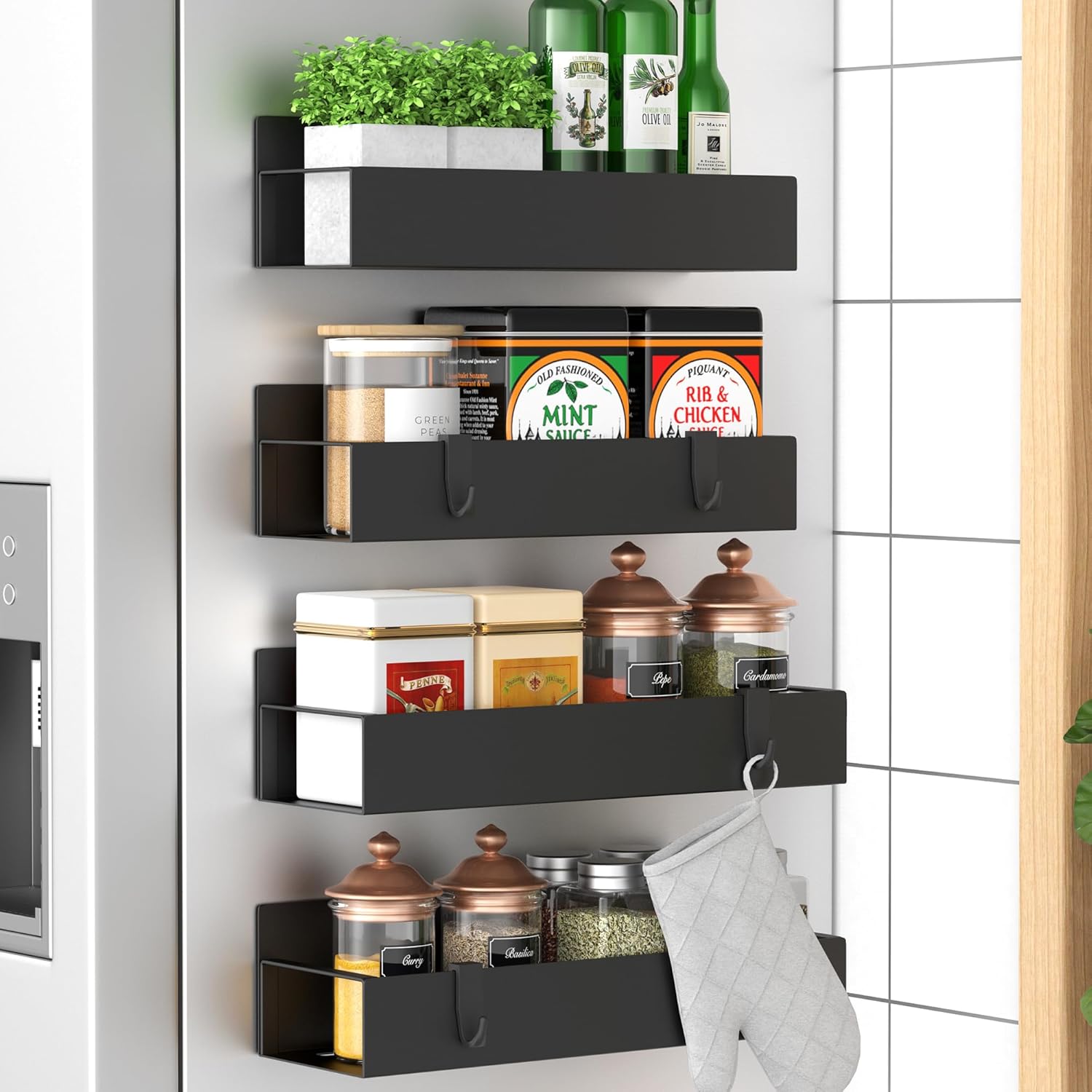 HuggieGems Metal Magnetic Spice Rack for Refrigerator Black, 4 Pack | Magnetic Shelves Heavy Duty for Fridge in Kitchen, Seasoning Storage Organizer, For Oven Washer and Dryer, For Heavier Items