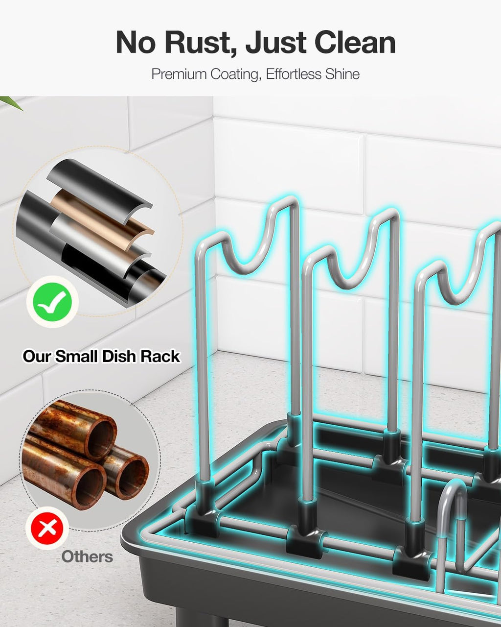 Small Dish Drying Rack with Drainboard, Compact for Kitchen Counter, Black | Rustproof carbon steel with rotating spout, adjustable slots, removable utensil caddy. Space-saving - view 5