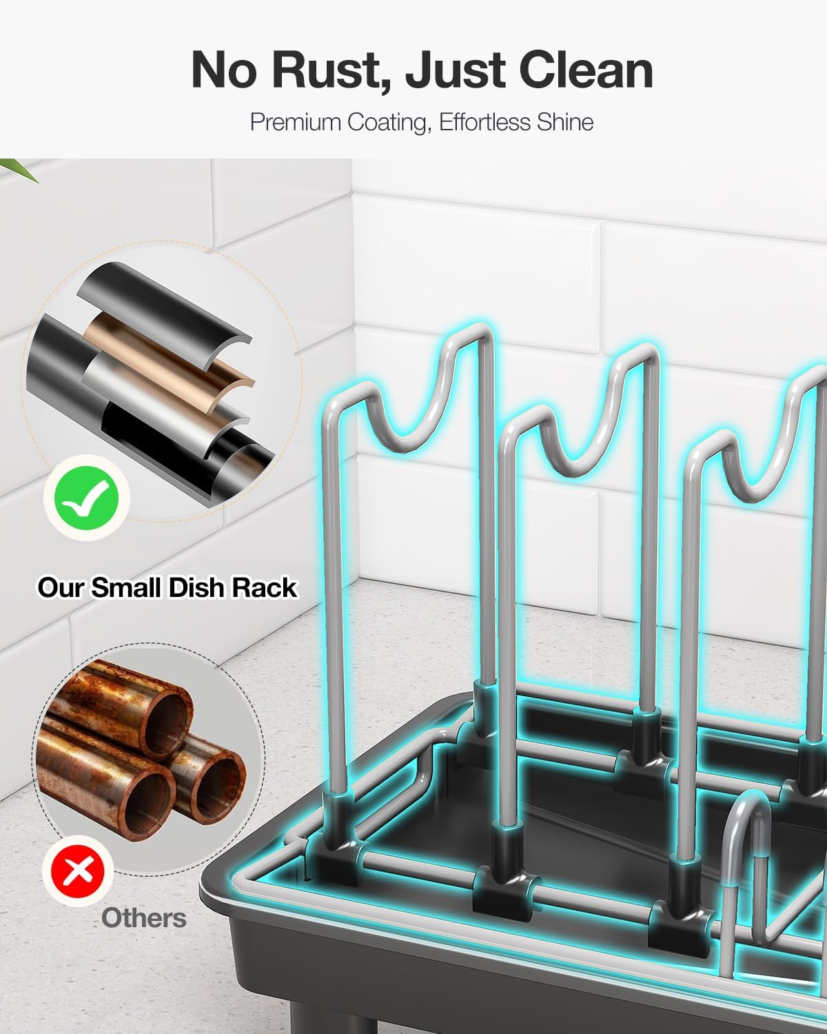 Small Dish Drying Rack with Drainboard, Compact for Kitchen Counter, Black | Rustproof carbon steel with rotating spout, adjustable slots, removable utensil caddy. Space-saving - view 5