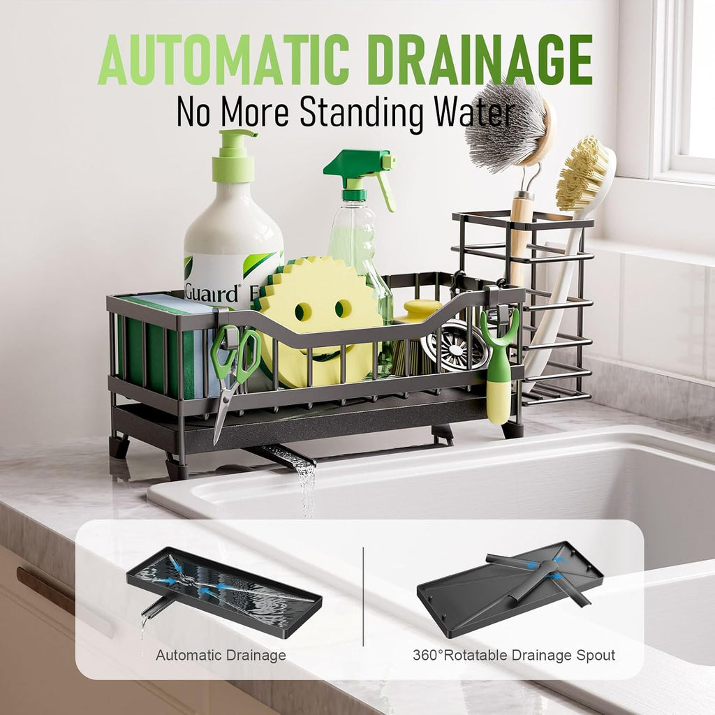 Sponge Holder for Kitchen Sink, Kitchen Sink Caddy with Long-Handled Dish Brushes Holder, 304 Rustproof Stainless Steel Countertop Organizers and Storage, Home Kitchen Sink Accessories (Black) - view 3
