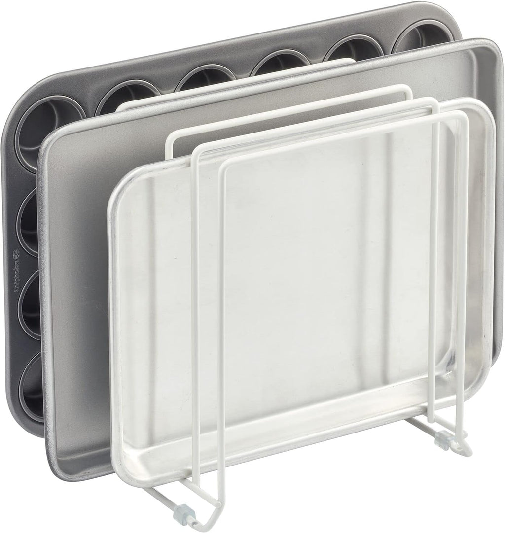 X-Large Steel Storage Tray Organizer Rack for Kitchen Cabinet - Divided Holder with 5 Slots for Skillets, Frying Pan, Pot Lids, Cutting Board, Baking Sheets - Concerto Collection - White
