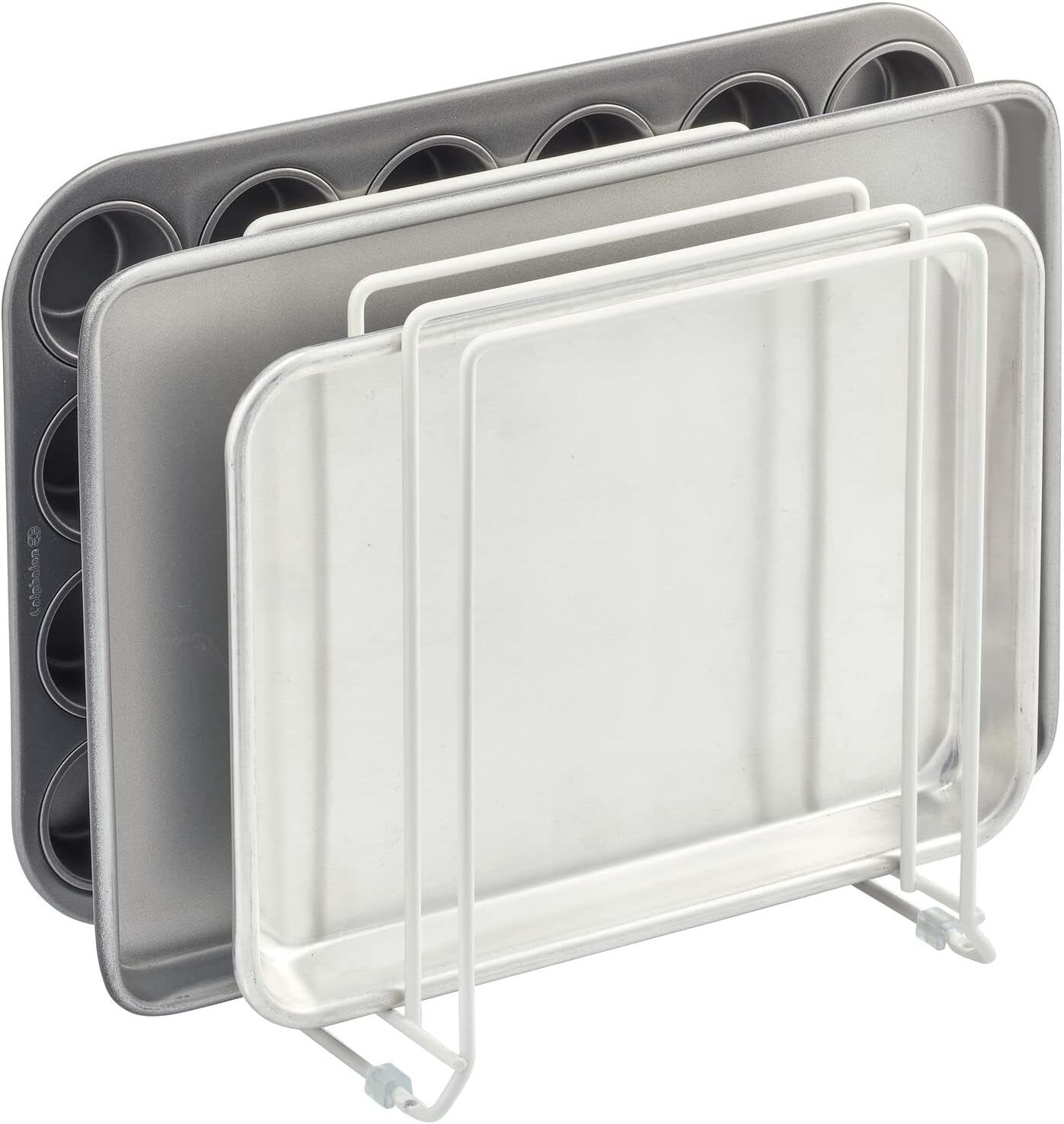 X-Large Steel Storage Tray Organizer Rack for Kitchen Cabinet - Divided Holder with 5 Slots for Skillets, Frying Pan, Pot Lids, Cutting Board, Baking Sheets - Concerto Collection - White