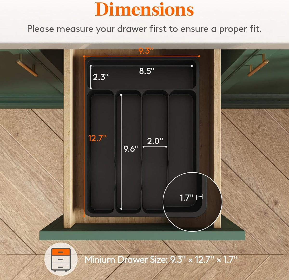 Silverware organizer with lid, covered utensil tray for kitchen drawer and countertop, plastic cutlery and flatware storage box for spoons forks knives holder case, 23 x 32 cm, black - view 4