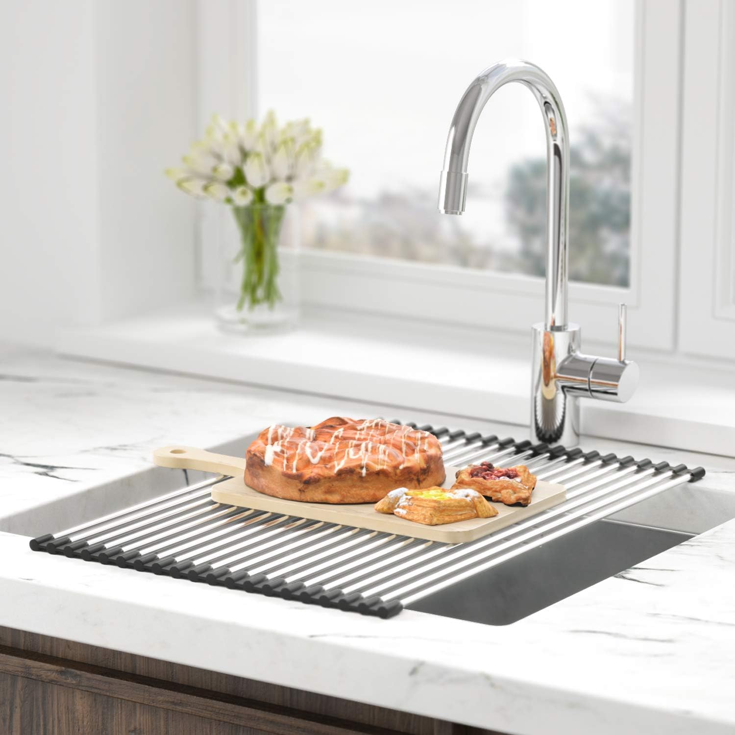 SunCleanse Roll Up Dish Drying Rack, Over The Sink Dish Drying Rack Kitchen Rolling Dish Drainer, Foldable Sink Rack Mat for Kitchen Sink Counter (17.8"x11.8") | Kitchen counter mat, rolling design, stainless steel, multipurpose, space-saving and stable - view 5
