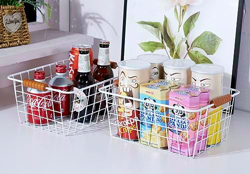 Wire Kitchen Storage Basket 2 Packs,Perfect Pantry Organization Accessories Baskets,Laundry Basket,With a Wooden Handle,Suitable for Kitchen,Bathroom,Bedroom,Tabletop,Stackable,White - view 5