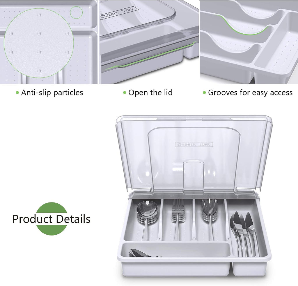 Utensil holder for countertop with lid, plastic silverware tray for drawer, 5 compartments flatware organizer, white - view 3