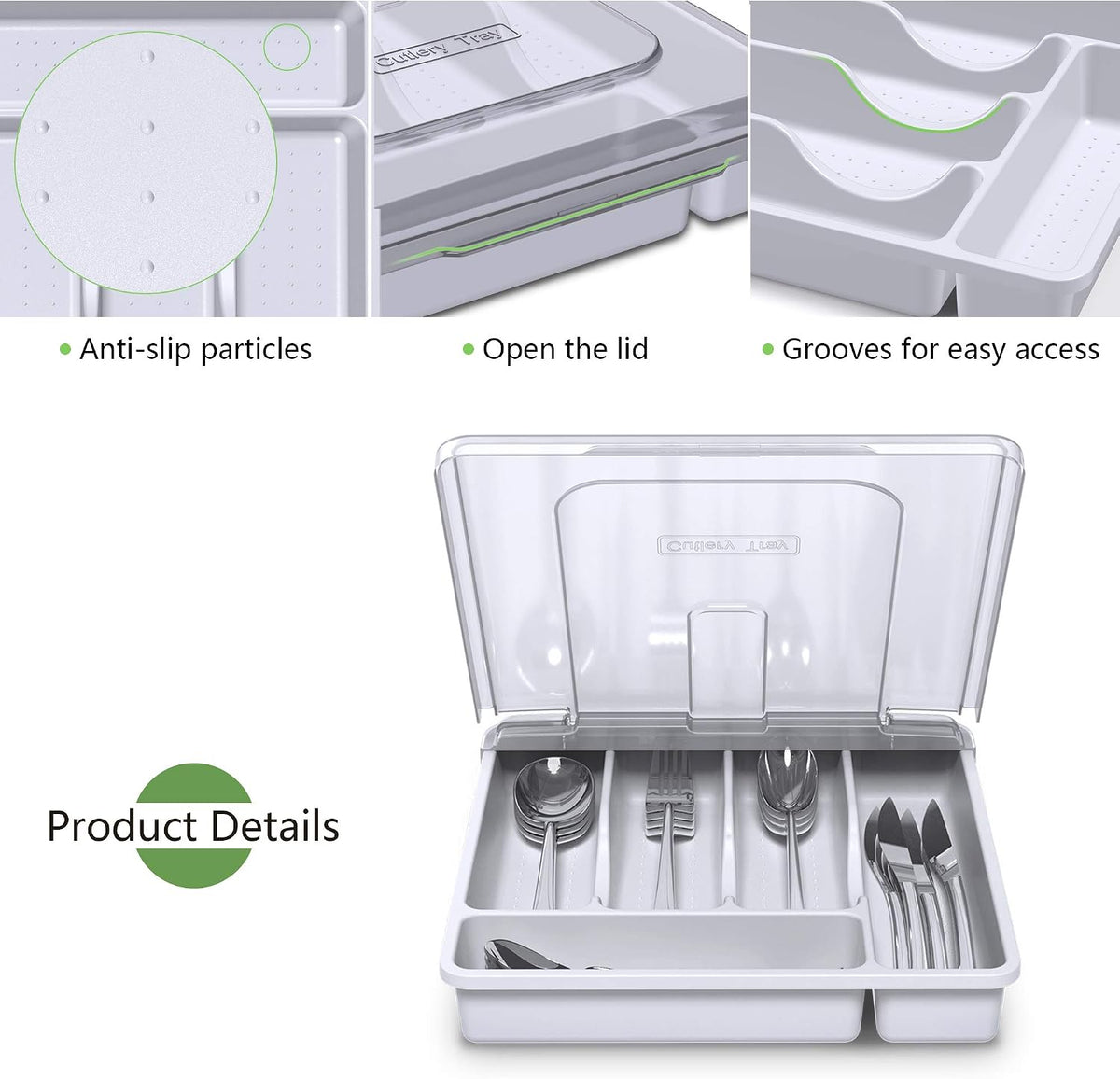 Utensil holder for countertop with lid, plastic silverware tray for drawer, 5 compartments flatware organizer, white - view 3