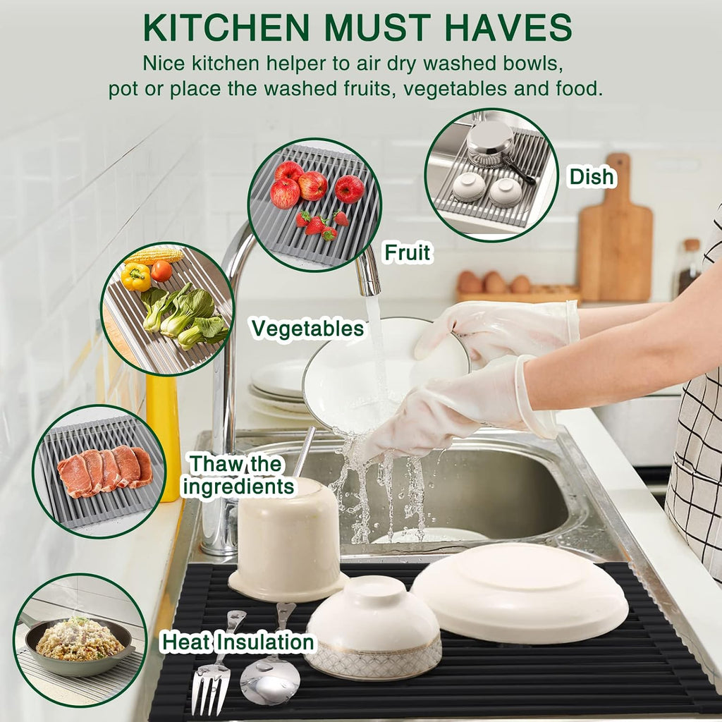 Roll Up Dish Drying Rack Over The Sink Kitchen Roll Up Sink Drying Rack Multipurpose Foldable Sink Drying Mat, Heat-Resistant, Anti-Slip & Anti-Rust Dish Rack for Kitchen, 17" x 13", Black - view 3