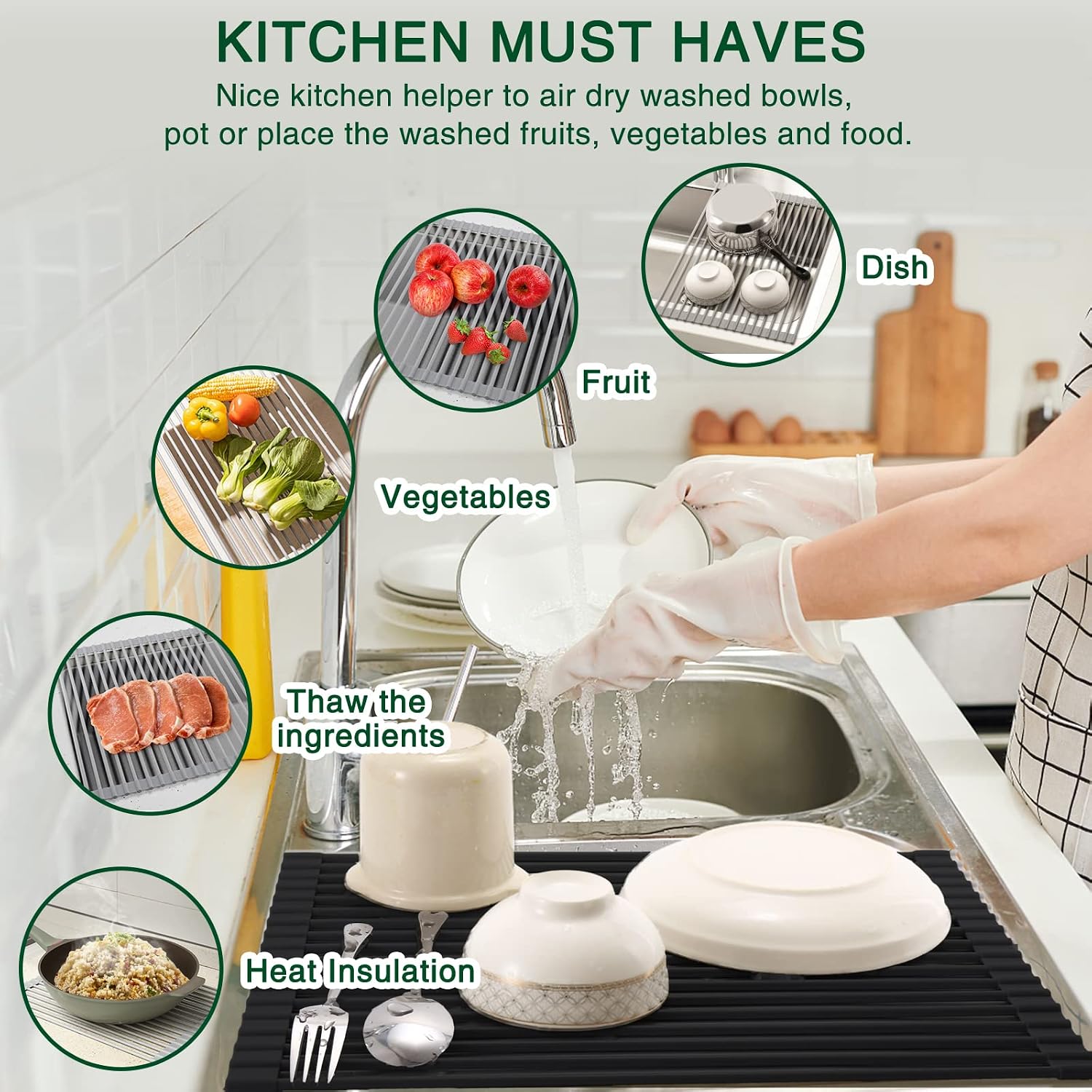 Roll Up Dish Drying Rack Over The Sink Kitchen Roll Up Sink Drying Rack Multipurpose Foldable Sink Drying Mat, Heat-Resistant, Anti-Slip & Anti-Rust Dish Rack for Kitchen, 17" x 13", Black - view 3