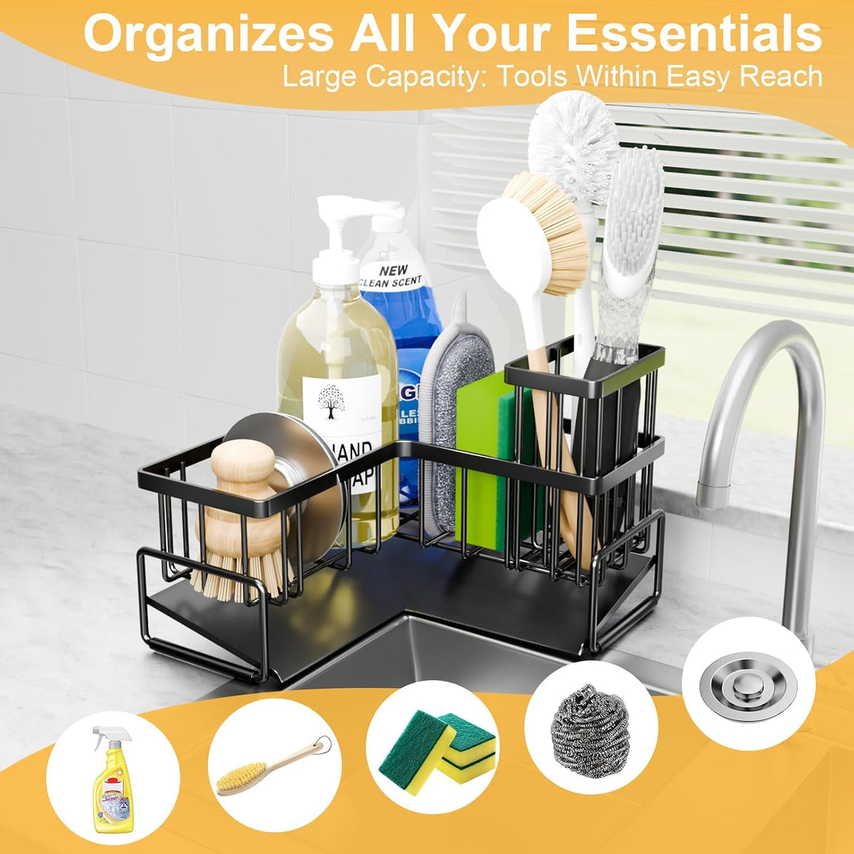 Kitchen L-Shaped Sponge Holder - Large Metal Sponge Sink Caddy | Black Metal Corner Sponge Caddy, Sloped Drain Tray for Sink, Kitchen Countertop Organizer Holds Soap Brush Sponge Non-Slip - view 4