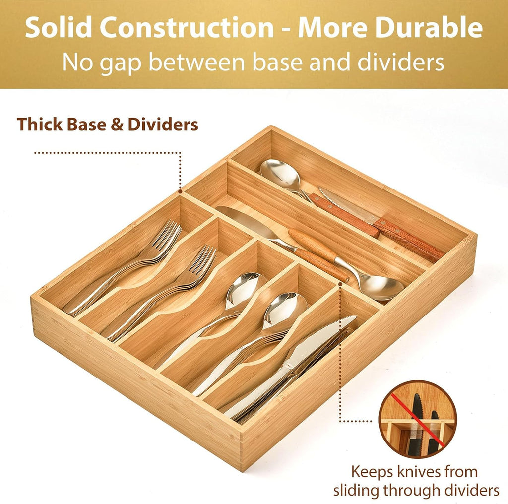 Bamboo kitchen drawer organizer, 13 inch silverware utensil tray holder, extra deep grooved drawer divider, 7 slots total bamboo wood caddy for flatware cutlery knives, forks, spoons - view 4