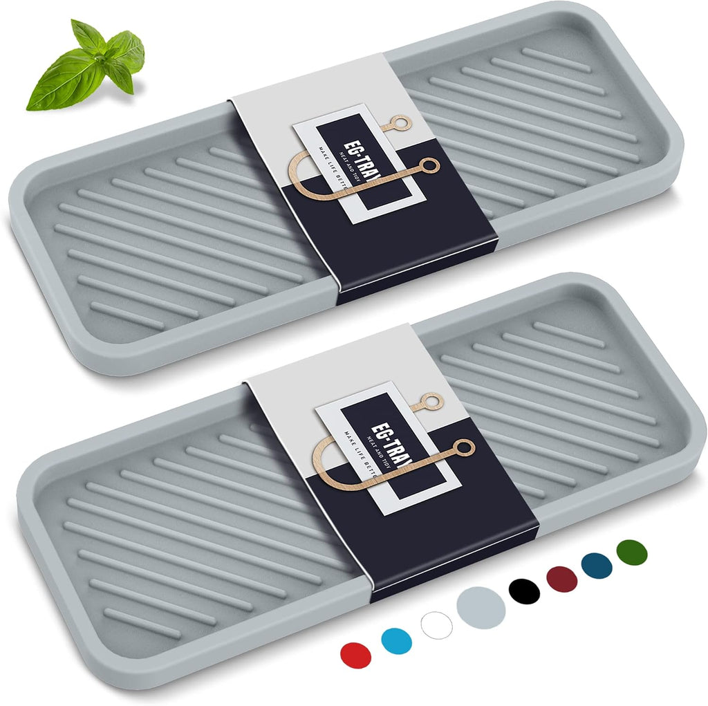 Kitchen sink organizer tray, 2 pack silicone sponge holder for sink bathroom, silicone soap/sink/drip tray, small mats for kitchen counter, soap dish tray for dispenser bottle, dishwashing accessories