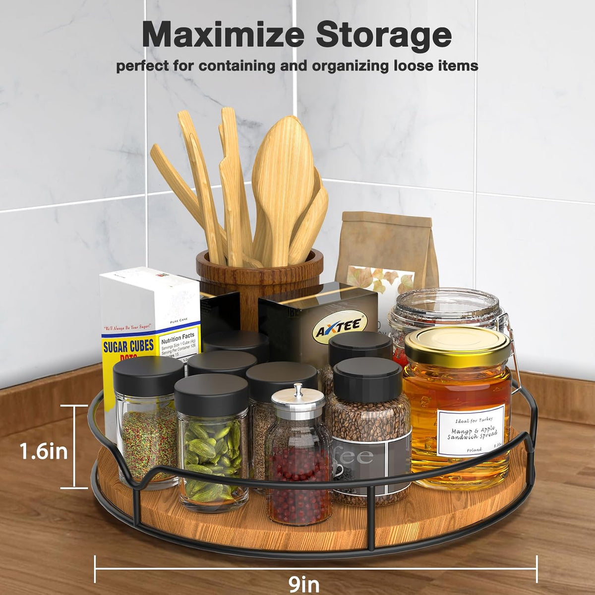 Lazy susan turntable organizer for cabinet pantry kitchen countertop refrigerator cupboard, pine wood, 9", carbonized black - view 7
