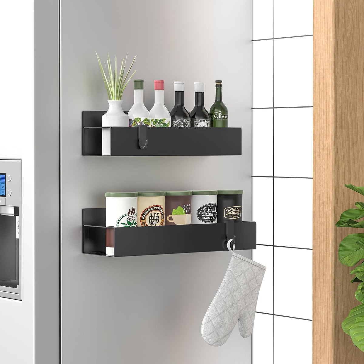 2 pack magnetic spice storage rack organizer for refrigerator and oven, matt black fridge organizers and storage | magnetic shelves heavy duty for fridge in kitchen, seasoning storage organizer, for oven washer and dryer, for heavier items