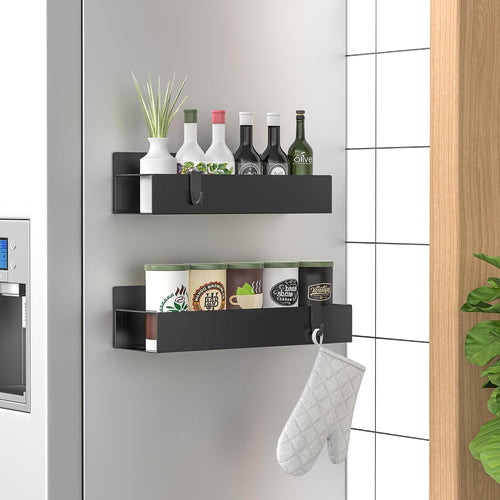 2 pack magnetic spice storage rack organizer for refrigerator and oven, matt black fridge organizers and storage | magnetic shelves heavy duty for fridge in kitchen, seasoning storage organizer, for oven washer and dryer, for heavier items
