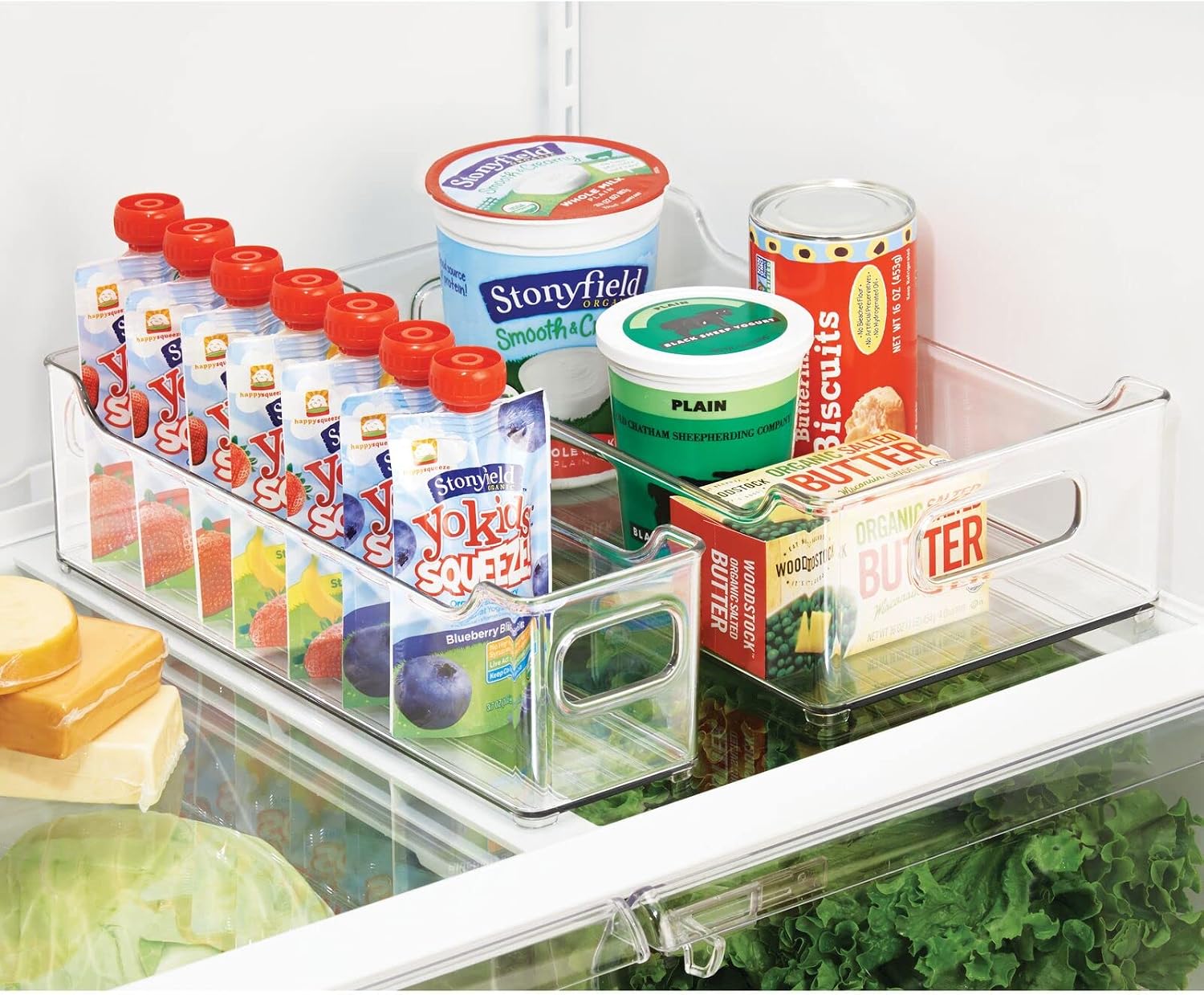 Wide Plastic Kitchen Storage Container Bins with Handles -Organization in Pantry, Cabinet, Refrigerator or Freezer Shelves - Food Organizer for Fruit, Yogurt, Squeeze Pouches - 2 Pack - Clear - view 3