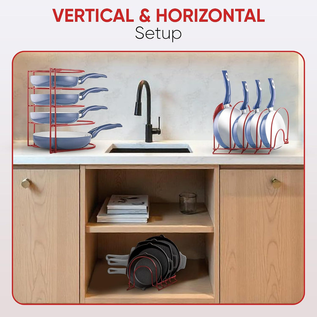 Heavy-duty pots and pans organizer | 5-tier cookware & lid storage rack | free-standing or wall-mount | kitchen organizer for cast iron skillets, pots, frying pans, lids | red - view 6