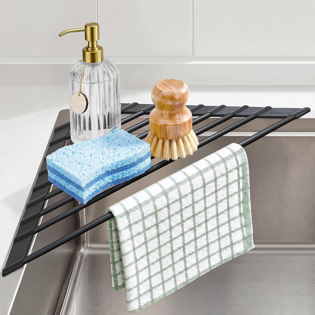 Over The Sink Dish Drainer Drying Rack, 17.6" W x 15.4" L Roll Up Dish Racks Kitchen Sink Organizer Silicone Wrapped Large in Sink Dish Drying Rack Foldable Rolling Drain Mats Anti-Slip - view 8