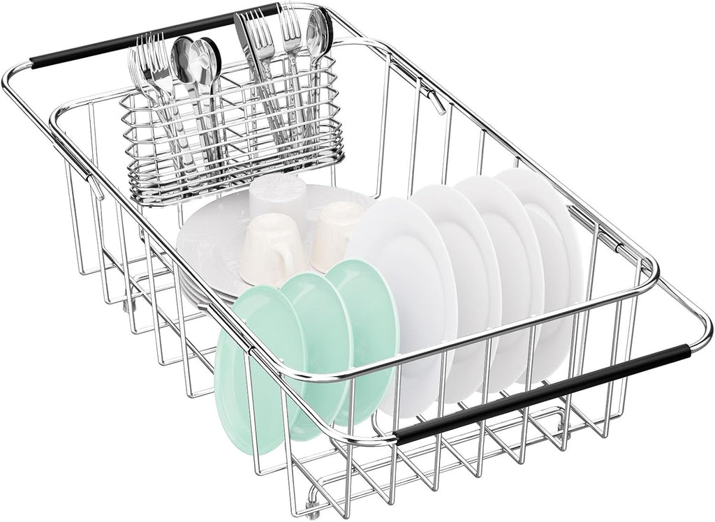 Large Dish Drainer Rack in Sink Adjustable, Expandable 304 Stainless Steel Metal Dish Drying Rack Organizer with Stainless Steel Utensil Holder Over Inside Sink Counter, Rustproof - view 7