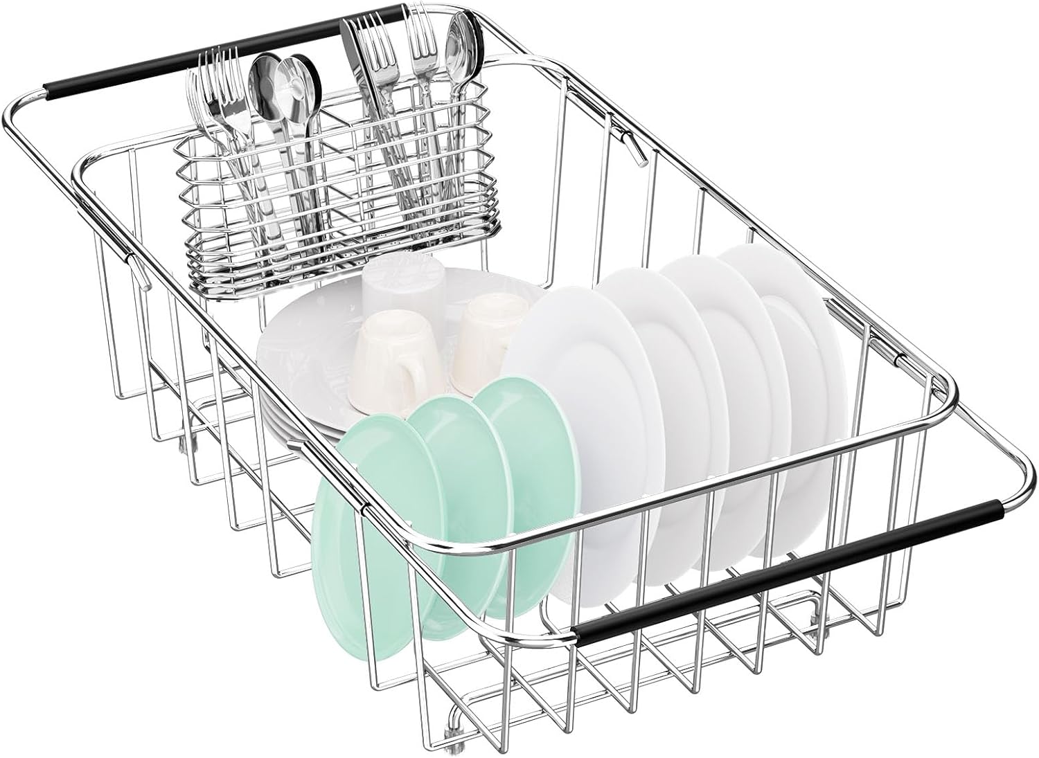 Large Dish Drainer Rack in Sink Adjustable, Expandable 304 Stainless Steel Metal Dish Drying Rack Organizer with Stainless Steel Utensil Holder Over Inside Sink Counter, Rustproof - view 7