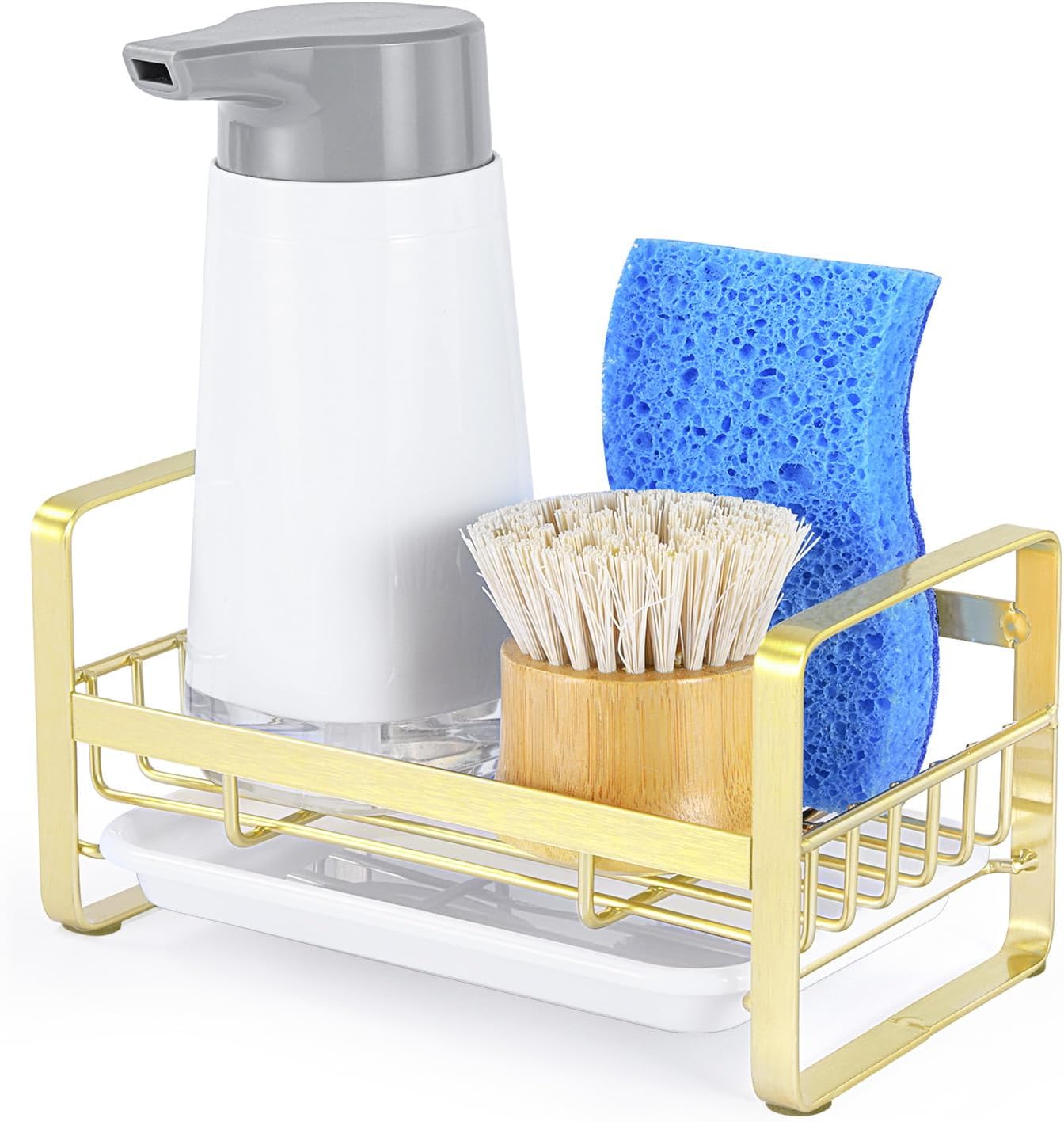Kitchen Sink Sponge Holder, 304 Stainless Steel Kitchen Soap Dispenser Caddy Organizer, Countertop Soap Dish Rack Drainer with Removable Drain Tray, not Including Dispenser and Brush | Removable Drain Tray, Holds Sponges Soap Bottles Brushes, Countertop S - view 6