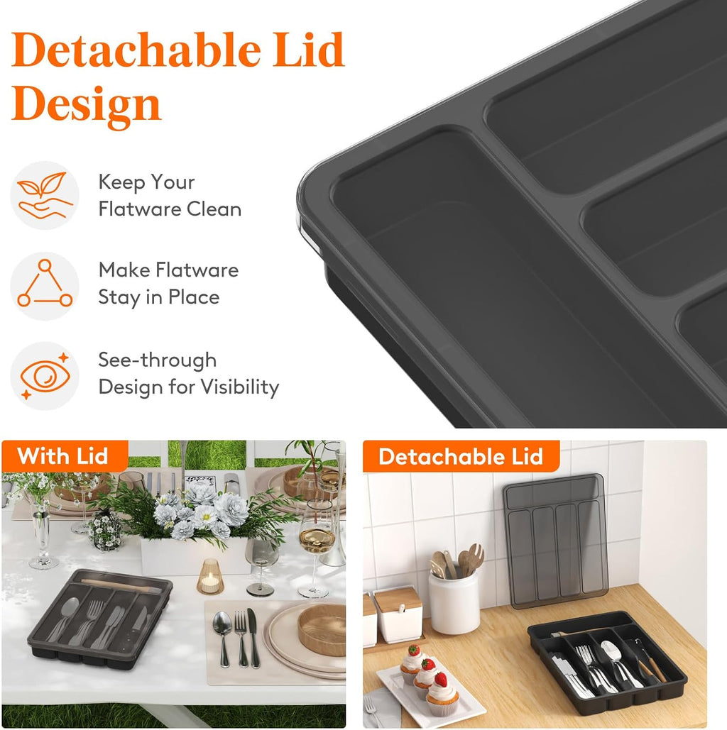 Silverware organizer with lid, covered utensil tray for kitchen drawer and countertop, plastic cutlery and flatware storage box for spoons forks knives holder case, 23 x 32 cm, black - view 2