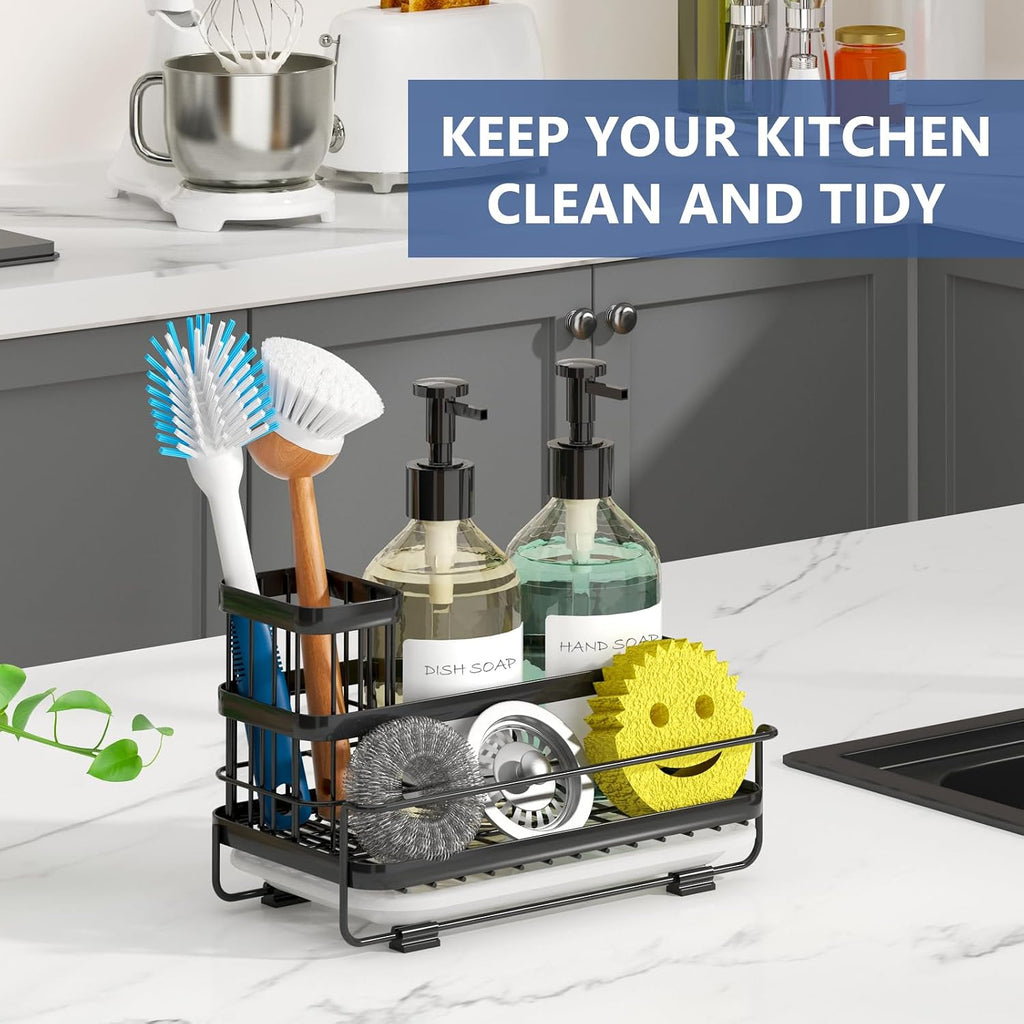 Trendy Sink Caddy Kitchen Organizer, Non-Slip Dish Soap Dispenser Rack with Drain Tray, Rustproof Brush Holder for Countertop Storage (Matte Black) - view 5