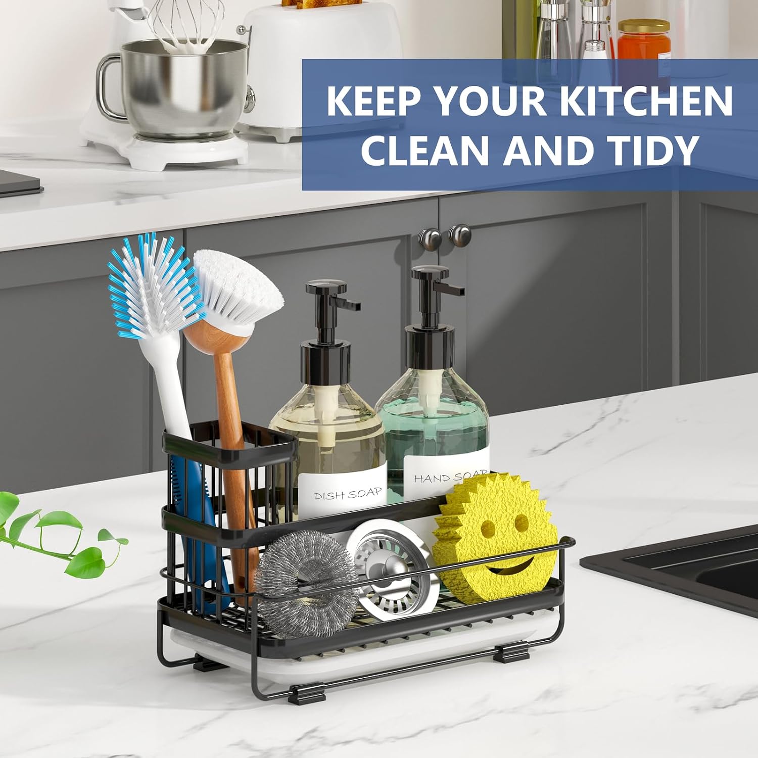 Trendy Sink Caddy Kitchen Organizer, Non-Slip Dish Soap Dispenser Rack with Drain Tray, Rustproof Brush Holder for Countertop Storage (Matte Black) - view 5