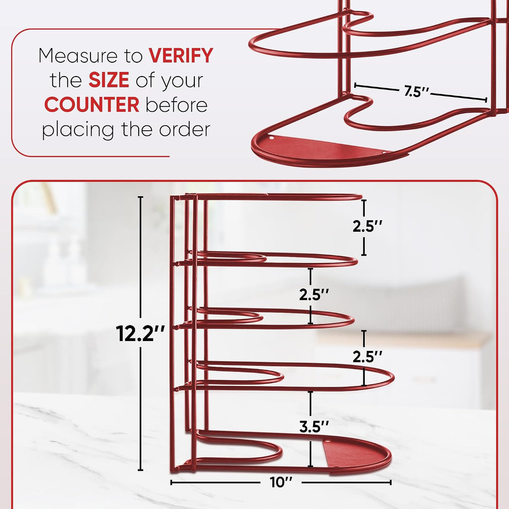 Heavy-duty pots and pans organizer | 5-tier cookware & lid storage rack | free-standing or wall-mount | kitchen organizer for cast iron skillets, pots, frying pans, lids | red - view 2