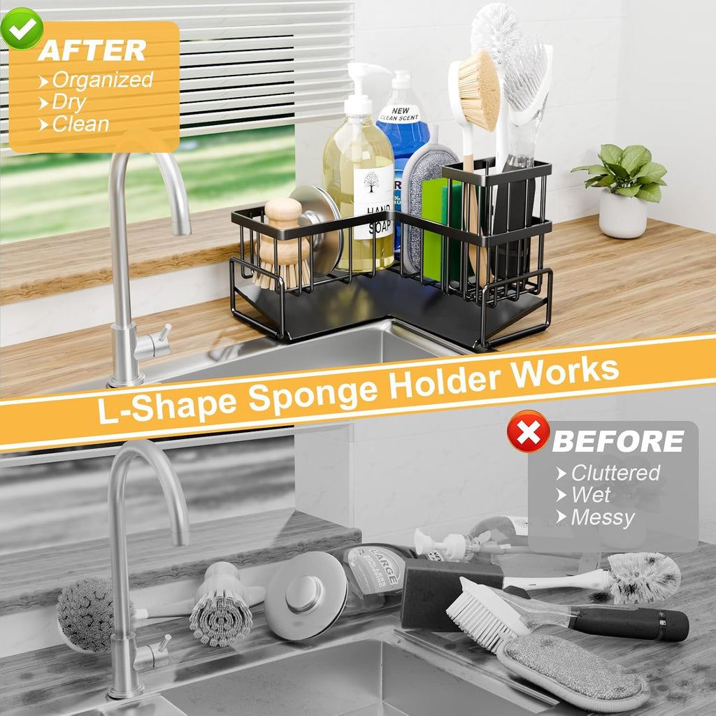 Kitchen L-Shaped Sponge Holder - Large Metal Sponge Sink Caddy | Black Metal Corner Sponge Caddy, Sloped Drain Tray for Sink, Kitchen Countertop Organizer Holds Soap Brush Sponge Non-Slip - view 3